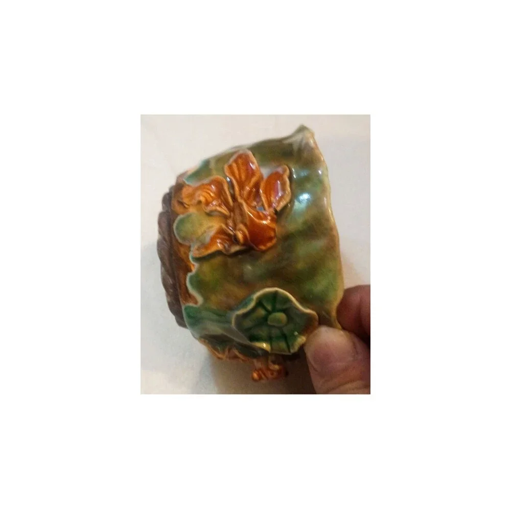 Vintage Majolica Style Green Glaze Ceramic Bowl Planter | Applied Floral Leaf
